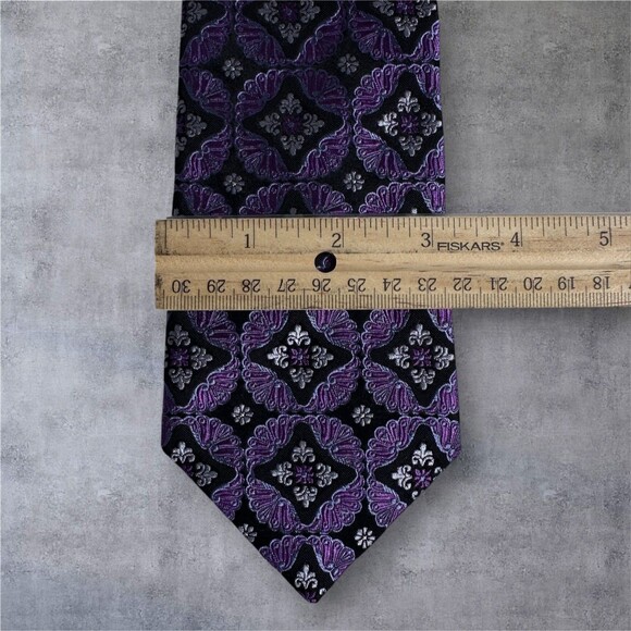 IKE BEHAR Silk Tie Floral geometric 100% Silk Necktie Black/Purple - Picture 5 of 7